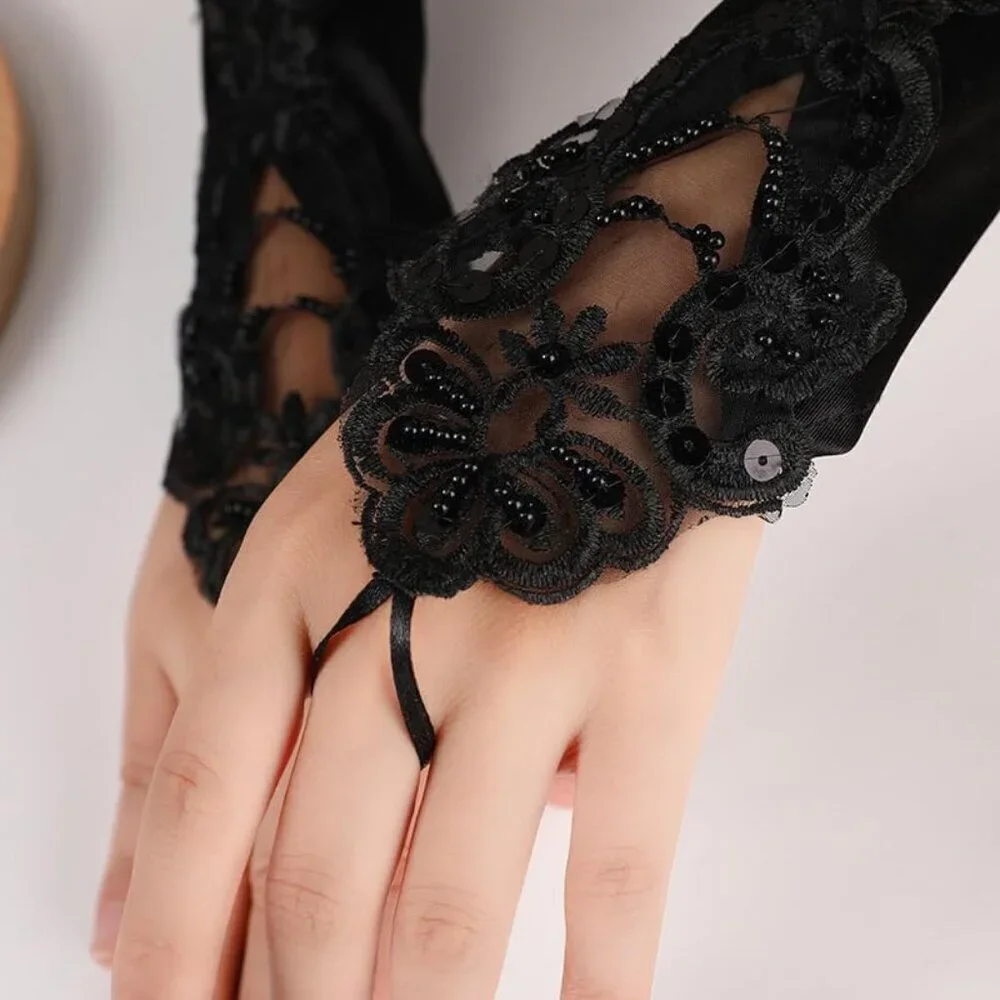 Women's A-Black Sequins Beads Fingerless Satin Gloves Party Prom Accessories